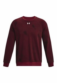 Mörk röd sweatshirt med lång ärm, ribbad mudd och nederkant, med ett texturerat mönster och en vit logotyp på bröstet.