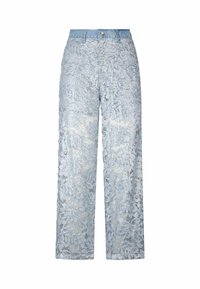 Jeans a gamba larga di un blu chiaro con un design in pizzo floreale testurizzato con paillettes, chiusura con zip e stile classico a cinque tasche.