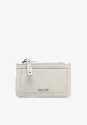 Kaartetui van crèmekleurig leer met een ritssluiting, gestikte details en een metalen logo-accent, voorzien van een klein treklipje aan de rits.