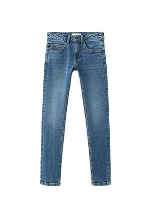 Blugi albaștri subțiri din denim, cu talie medie, design cu cinci buzunare și ușoară decolorare pe coapse, cu tiv curat.