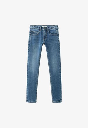 Kapeat siniset farkut, joissa on keskikorkea vyötärö, viiden taskun design ja kevyttä haalistumaa reisissä siistillä helmalla.