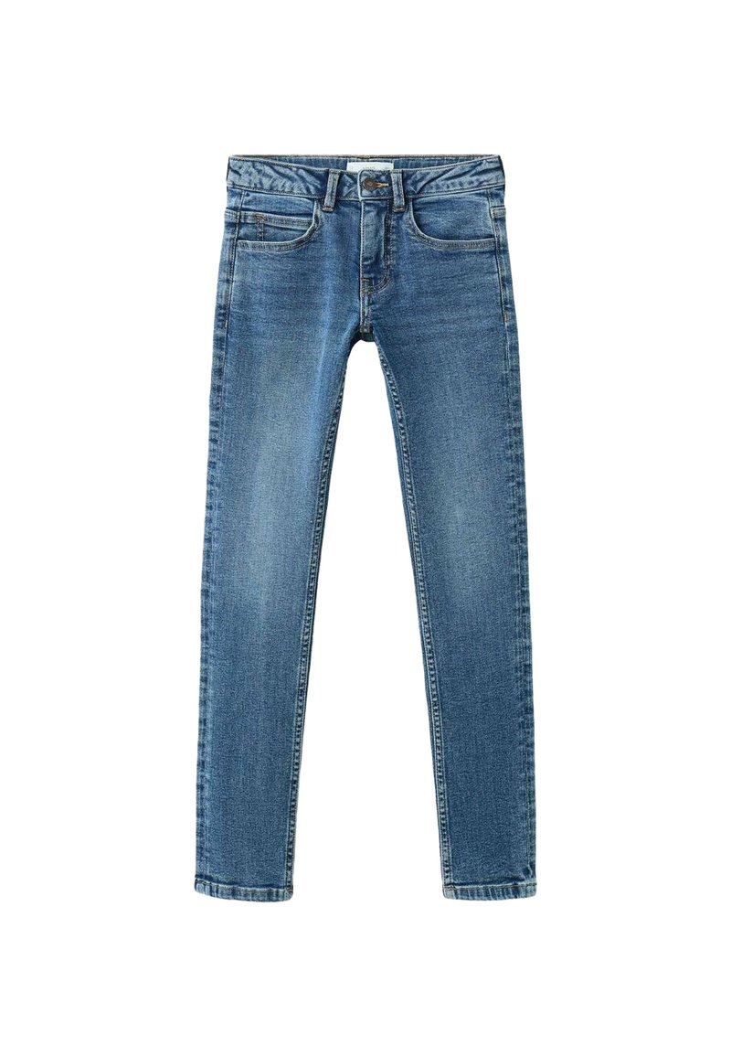 Wąskie niebieskie dżinsy z denimu z talią o średnim stanie, pięcioma kieszeniami oraz delikatnym wyblaknięciem na udach i czystym wykończeniem nogawek.