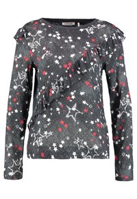 Long-sleeve shirt in dark gray with a star pattern in red and white. Features ruffle detail along the front. Made of lightweight fabric.