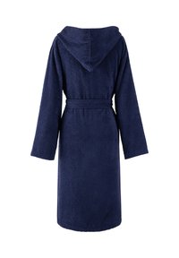 Accappatoio blu navy realizzato in morbido tessuto in spugna, con cappuccio, maniche lunghe e una cintura abbinata in vita.