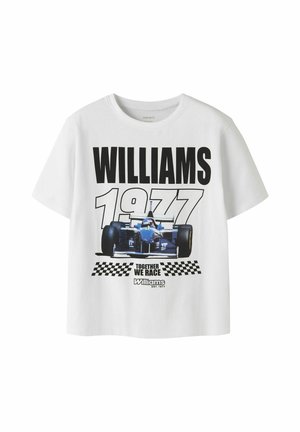 T-shirt blanc avec texte noir "WILLIAMS 1977" et "Together We Race" au-dessus d’un graphisme détaillé d’une voiture de course de Formule 1 bleue et d’un drapeau à damiers.