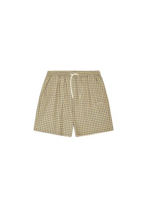 Shorts pour hommes à carreaux jaune et gris avec taille élastique et cordon blanc, avec poches latérales et petit logo texte devant.