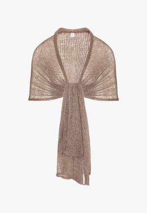 Dzianinowy szal w jasnobrązowym kolorze o otwartym splocie, z centralnym wiązaniem, płynnymi fałdami i gładką fakturą.