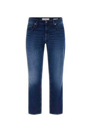 Sötétkék egyenes szárú farmernadrág elülső zsebekkel, övbújtatókkal és a combokon enyhén kopott részletekkel, a Guess márkától.