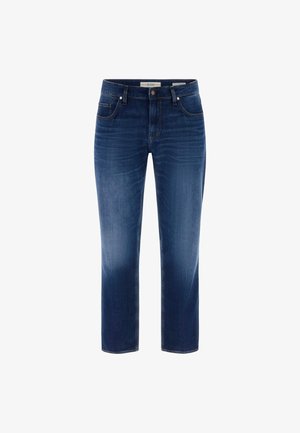 Sötétkék egyenes szárú farmernadrág elülső zsebekkel, övbújtatókkal és a combokon enyhén kopott részletekkel, a Guess márkától.