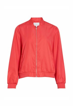 Koralfarvet bomberjakke med lynlås foran, ribstrikkede manchetter og kant, to sidelommer og en kort krave.