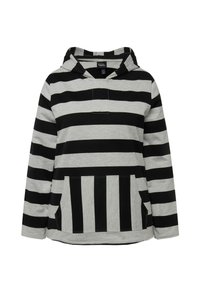 Sudadera a rayas negras y grises con mangas largas, un bolsillo frontal y capucha ajustable. Fabricada en una tela suave y texturizada.