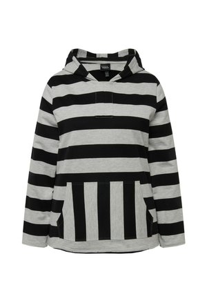 Černá a šedá pruhovaná mikina s dlouhými rukávy, přední kapsou a kapucí se šňůrkou. Vyrobena z měkké, texturované látky.