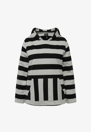 Černá a šedá pruhovaná mikina s dlouhými rukávy, přední kapsou a kapucí se šňůrkou. Vyrobena z měkké, texturované látky.