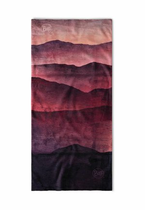 Rechteckiger Stoff mit einem mehrschichtigen Berglandschaftsprint in Lila-, Pink- und Rottönen, mit zwei "Buff"-Logos oben und unten.