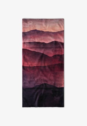 Rechteckiger Stoff mit einem mehrschichtigen Berglandschaftsprint in Lila-, Pink- und Rottönen, mit zwei "Buff"-Logos oben und unten.