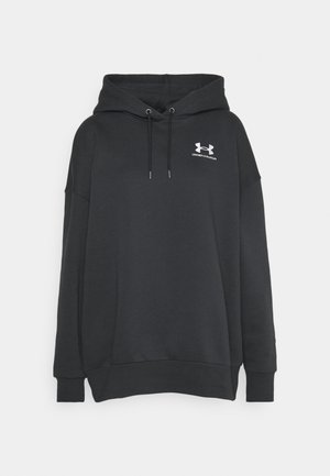Black hooded sweatshirt made of soft fabric, featuring a front pocket, ribbed cuffs, and white Under Armour logo on the chest.