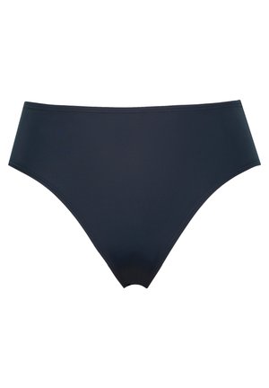 Navy blue bikini-alush made from stretchy fabric. Features a simple design with a mid-rise waist and seamless edges for comfort.