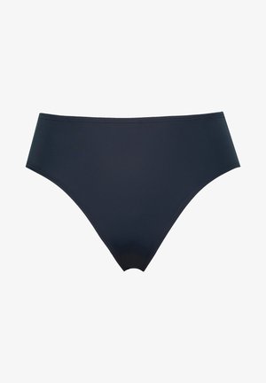 Tmavě modré bikinové kalhotky vyrobené z elastického materiálu. Mají jednoduchý design s středně vysokým pasem a bezšvými okraji pro pohodlí.