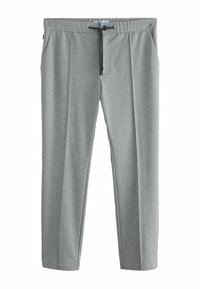 Light gray trousers with a smooth texture, tapered legs, elastic waistband, and drawstring closure. Features two side pockets.