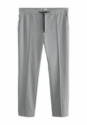 Helle graue Hose mit glatter Textur, schmal zulaufenden Beinen, elastischem Bund und Kordelzugverschluss. Verfügt über zwei Seitentaschen.