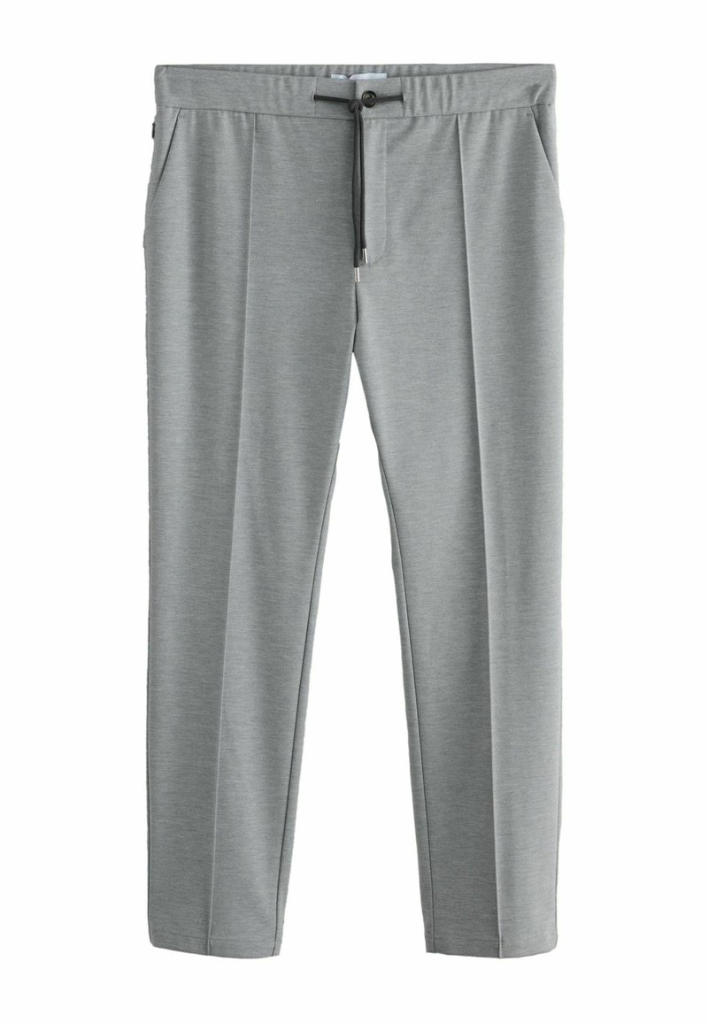 Light gray trousers with a smooth texture, tapered legs, elastic waistband, and drawstring closure. Features two side pockets.