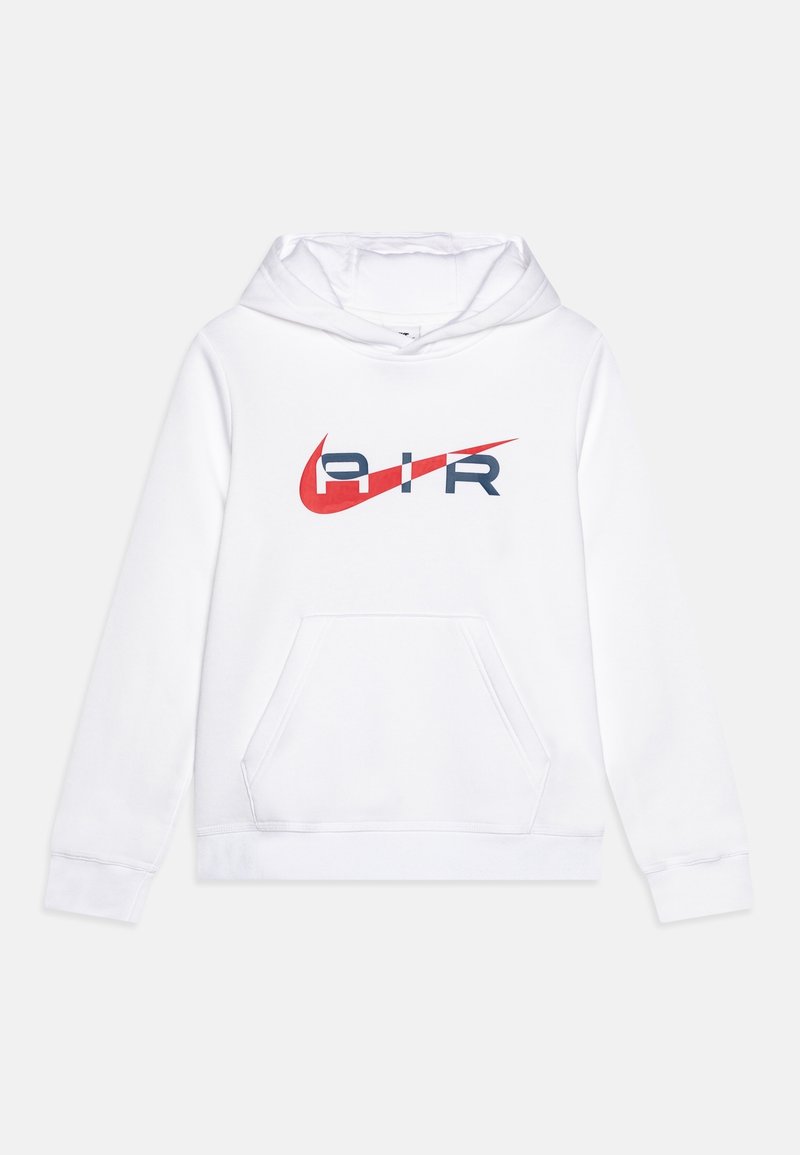 Sweat à capuche blanc avec poche kangourou à l'avant et texte "AIR" surmonté d'un logo Nike swoosh rouge sur la poitrine.