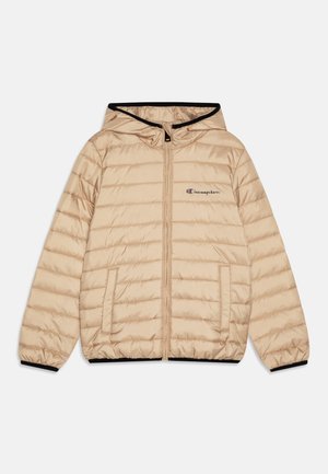 Light beige padded jacket with a hood, zipper closure, elastic cuffs, and side pockets. Features black trim and a small logo on the chest.