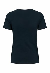 Tmavomodré triko s krátkym rukávom a rebrovanou textúrou, okrúhlym výstrihom a priliehavým strihom. Zadný pohľad ukazuje hladkú, nezdobenú látku.