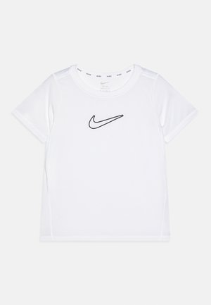 Balta īsroku Nike Dri-FIT T-krekls ar apaļu apkakli un melnu Nike swoosh logotipu krūtīs centrā.