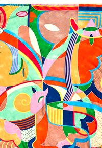 Pañuelo de seda colorido que presenta formas abstractas y figuras de animales en rosa, verde, naranja y azul, con patrones geométricos y texturas suaves.