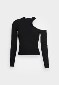 Schwarzes, geripptes langärmliges Oberteil mit asymmetrischem Ausschnitt und Ausschnitt über der rechten Schulter.