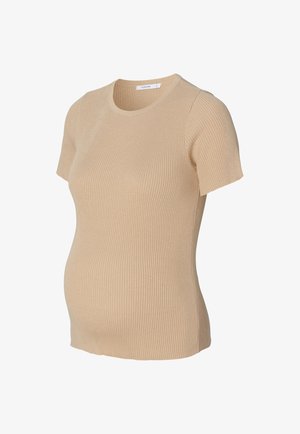 Beige geribbelde short-sleeve zwangerschaps-top met een ronde halslijn en een aansluitend ontwerp, gemaakt van zachte, rekbare stof.