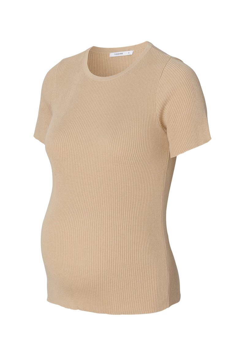 Beżowa, żebrowana bluzka ciążowa z krótkim rękawem, o okrągłym dekolcie i dopasowanym kroju, wykonana z miękkiego, elastycznego materiału.