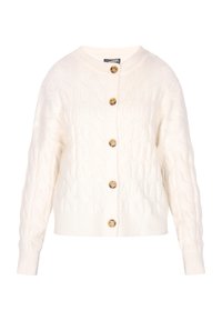 Witte cardigan met kabelsteek, ronde hals, houten knopen en geribde manchetten. Korte, ontspannen pasvorm, gestructureerde stof.