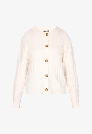 Balta adīta džemperis ar apaļu kaklu, koka pogām un ribotām piedurknēm. Īss, brīvs piegriezums, teksturēts audums.