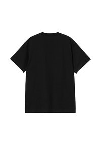 Czarny bawełniany t-shirt z okrągłym dekoltem, krótkimi rękawami i luźnym krojem. Tył jest gładki, bez dodatkowych grafik czy detali.