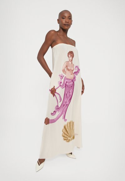 White strapless maxi dress featuring a large pink graphic design of a woman and shell, made of smooth fabric with a relaxed fit.
