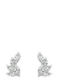 Silverörhängen med marquisklippta klara stenar arrangerade i en bladliknande design, med polerade ytor och subtila reflektioner.