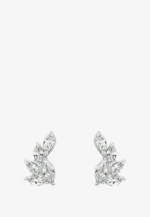 Silberohrringe mit einem Design in Form eines Blattes, verziert mit marquise-förmigen, klaren Steinen. Die Oberflächen sind poliert und reflektieren dezent das Licht.