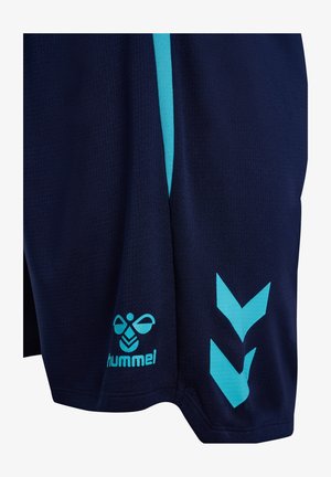 Mørkeblå sportsshorts med lyseblå lodret stribe, hummel bee-logo og to nedadvendte chevron-symboler på siden.