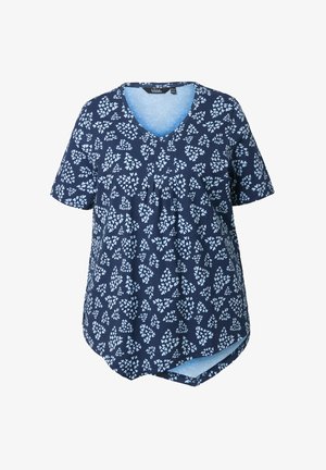 Námořnicky modrá košile s krátkými rukávy a výstřihem do V, zdobená bílým vzorem listů a mírně zaobleným lemem. Vyrobena z měkké látky s volným střihem.