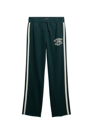 Mørkegrønne sweatpants med snor i taljen, udstyret med hvide sidelister og et trykt logo på låret. Blødt stof.