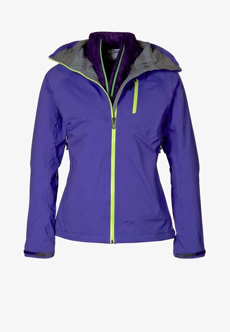 Veste d'extérieur pour femmes de couleur violet avec des fermetures éclair vert citron, une poche poitrine et une capuche, présentée de face sur un fond blanc.