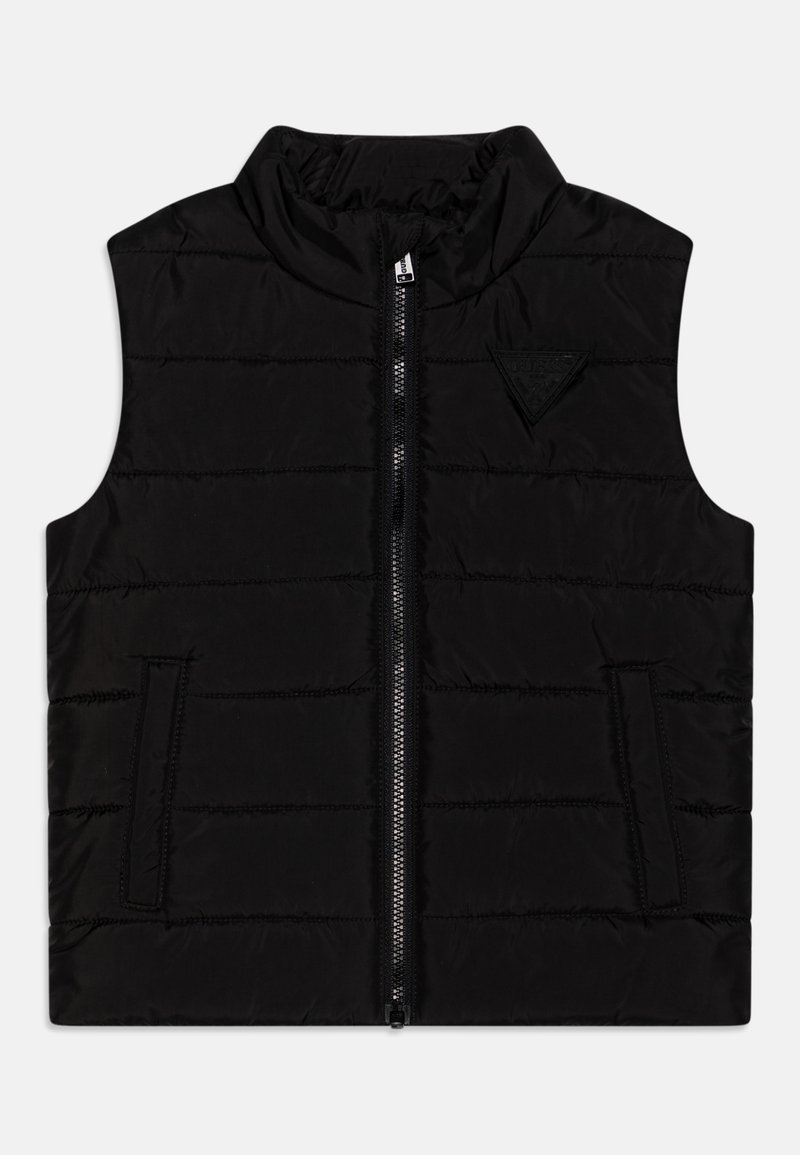 Schwarze Pufferweste mit hohem Kragen, Reißverschluss vorne und Seitentaschen; verfügt über horizontale Nähte und ein Logo-Patch auf der Brust.