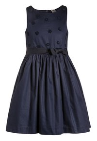 Mörkblå ärmlös klänning med figurnära överdel, blommig broderidetalj, veckad kjol och ett midjeband i satin med rosett.