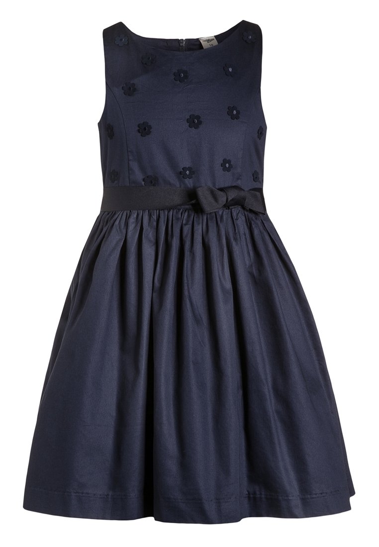 Mörkblå ärmlös klänning med figurnära överdel, blommig broderidetalj, veckad kjol och ett midjeband i satin med rosett.