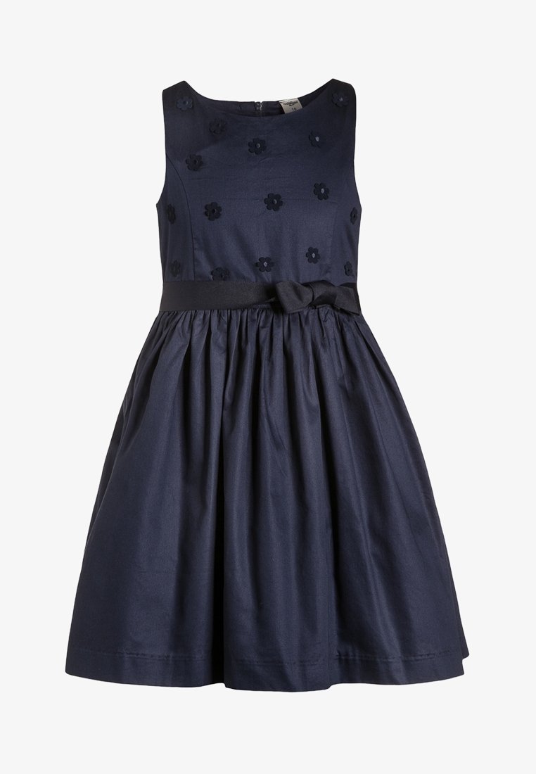 Navyblaues ärmelloses Kleid mit tailliertem Oberteil, floraler Stickerei, gerafftem Rock und einem Satin-Taillenband mit Schleifendetail.