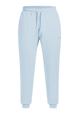 Pantalons de survêtement bleu clair en tissu doux, avec une taille élastique dotée d'un cordon de serrage et des poignets ajustés aux chevilles.