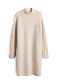 Cremfarbendes Strickkleid mit strukturiertem Material, hohem Ausschnitt mit einem Cut-Out und langen Ärmeln, entworfen für eine lässige Passform.