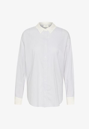 Cămașă cu dungi albastre deschise și albe, cu mâneci lungi, guler alb, închidere cu nasturi și o croială lejeră. Material neted cu un luciu subtil.